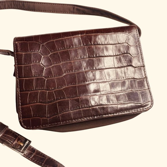 ENZO ANGIOLINI Brown Leather Embossed Croc Shoulder Flap Bag crossbody purse - Picture 2 of 14
